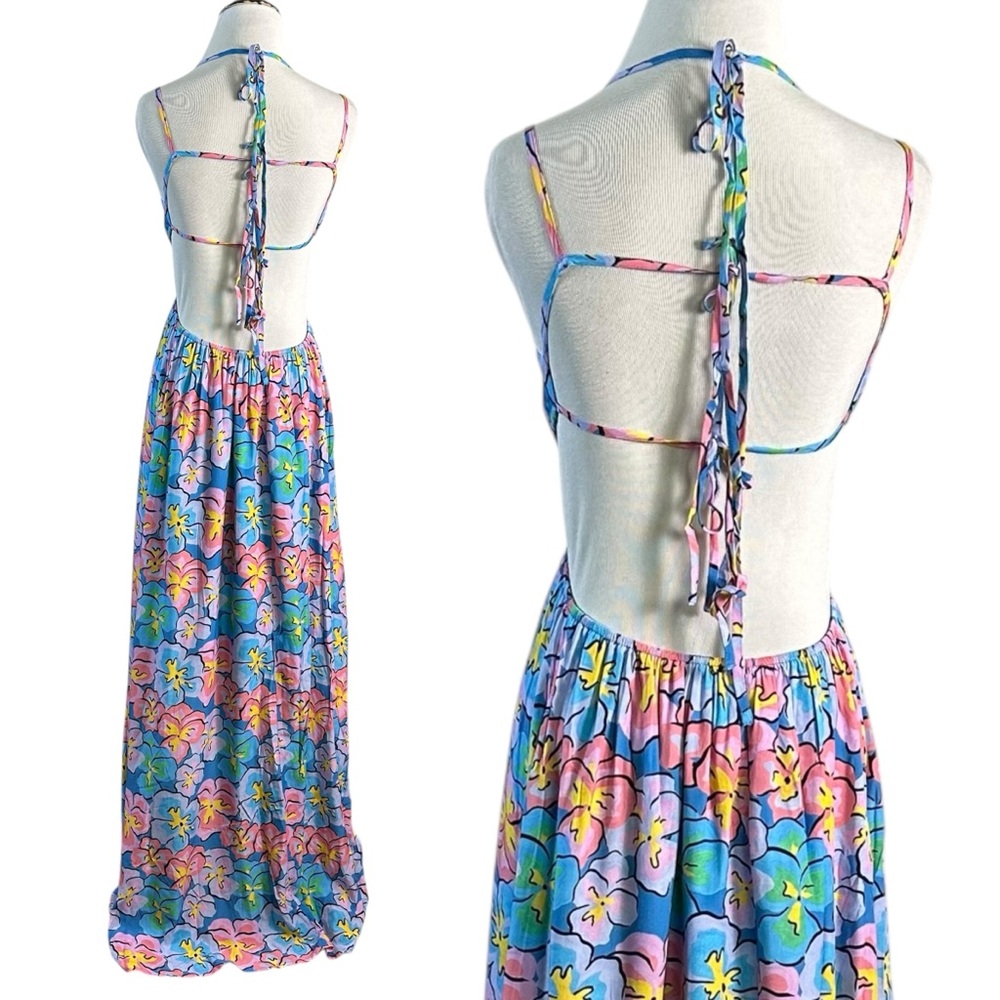 For Love & Lemons Yasmin Open Back Floral Maxi Dress XS Cut Out Plunge Summer - Picture 9 of 17